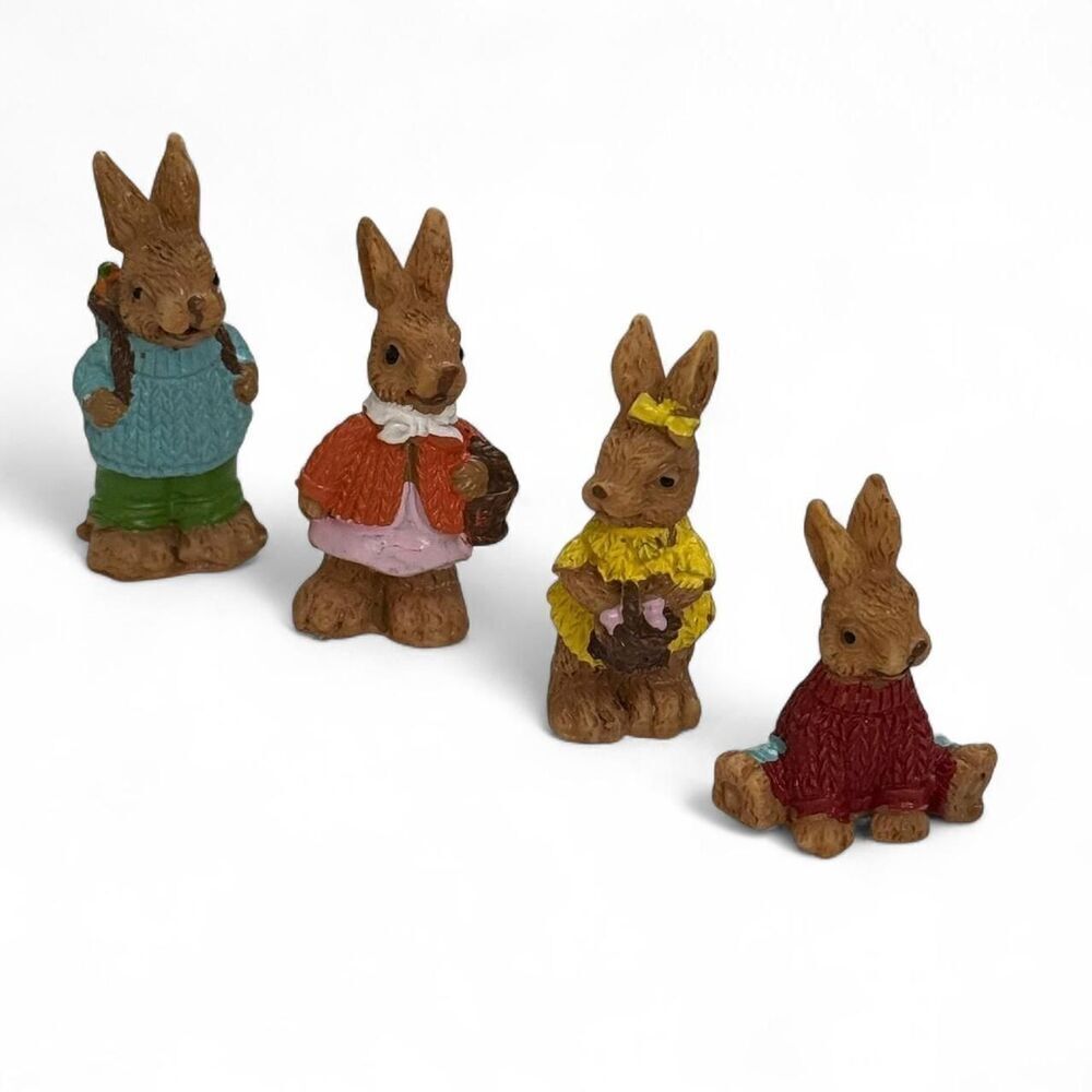 Vintage-Style Set of 4 brown bunny figurines - mini size.